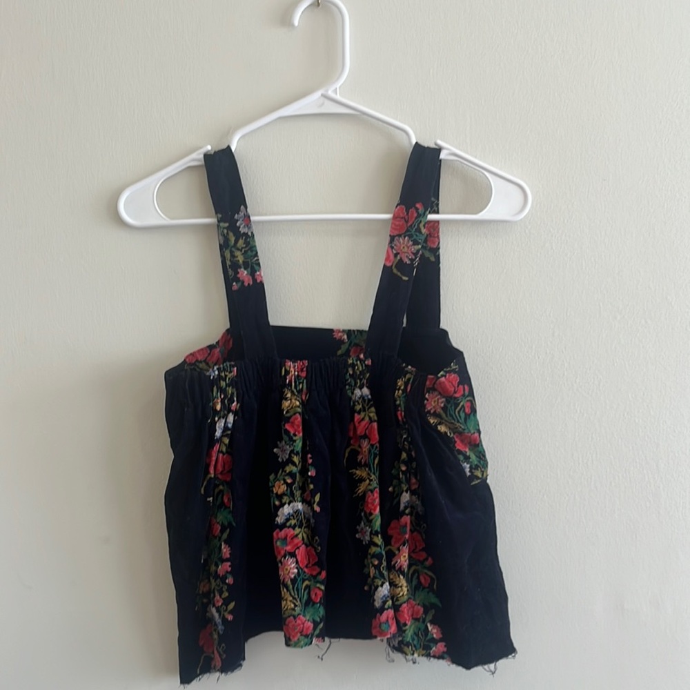 Black Corduroy Floral Pattern Peplum Cropped Tank